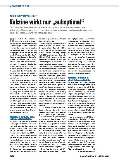 Vorschauseite 1: Influenzaimpfstoff 2016/2017: Vakzine wirkt nur „suboptimal“