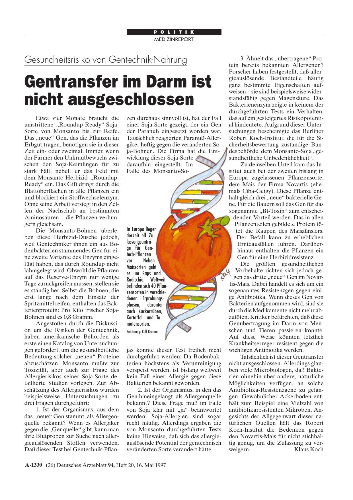 Vorschauseite 1: Gesundheitsrisiko von Gentechnik-Nahrung: Gentransfer im Darm ist nicht ausgeschlossen