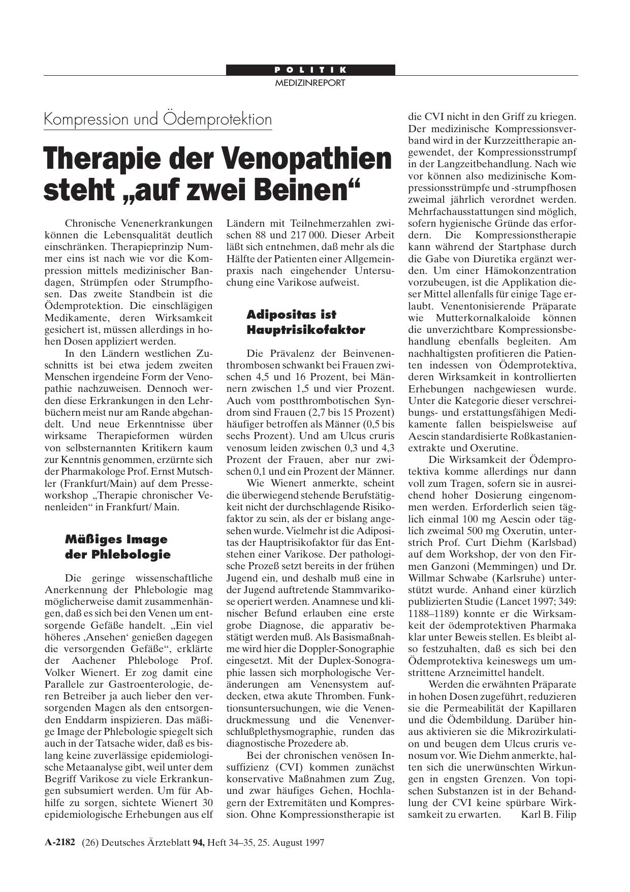 Vorschauseite 1: Kompression und Ödemprotektion: Therapie der Venopathien steht „auf zwei Beinen“