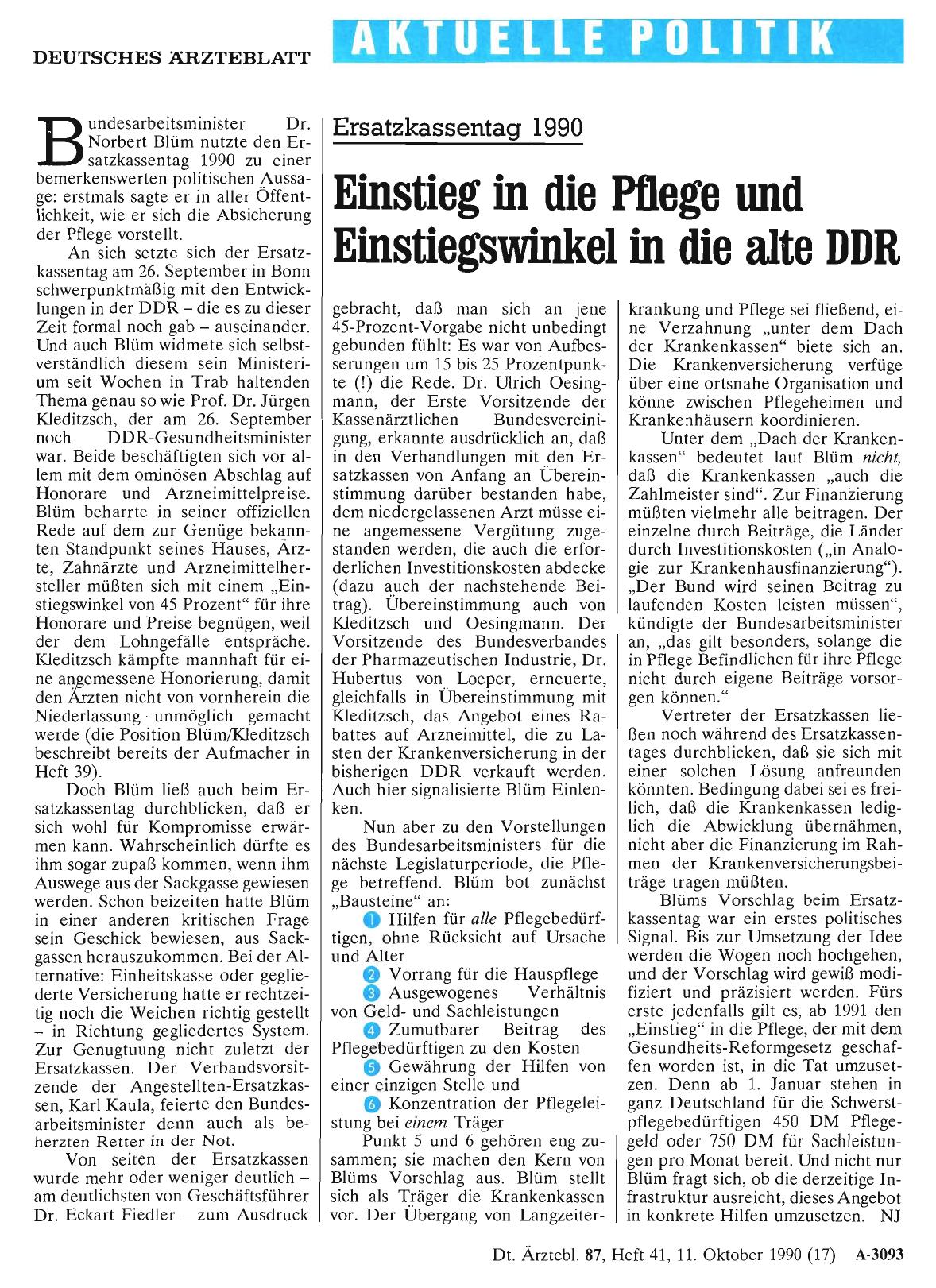 Vorschauseite 1: Ersatzkassentag 1990: Einstieg in die Pflege und Einstiegswinkel in die alte DDR