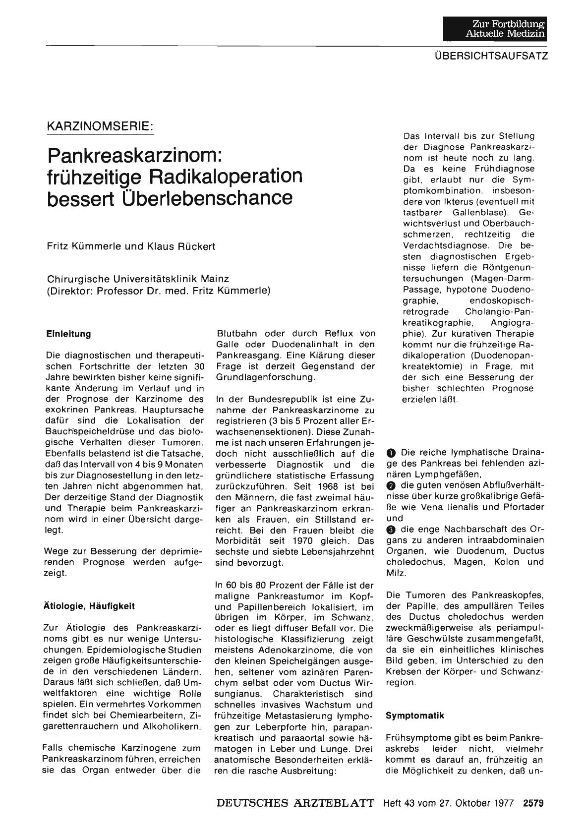 Vorschauseite 1: KARZINOMSERIE: Pankreaskarzinom: frühzeitige Radikaloperation bessert Überlebenschance