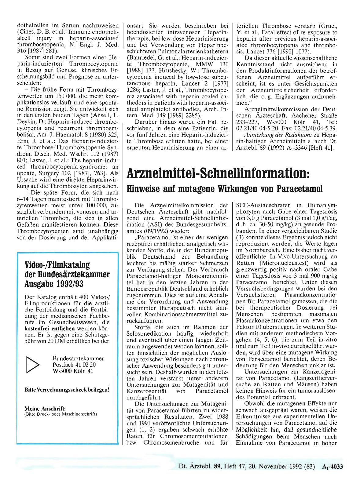 Vorschauseite 1: Arzneimittelkommission der Deutschen Ärzteschaft: Arzneimittel-Schnellinformation: Hinweise auf mutagene Wirkungen von Paracetamol