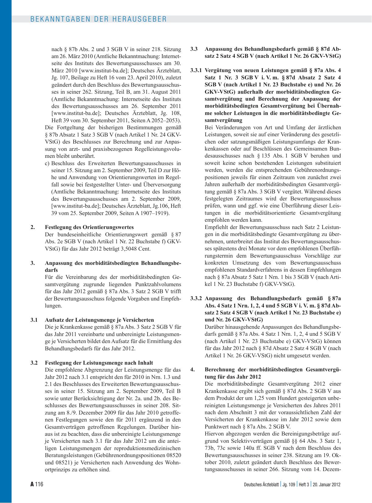 Vorschauseite 2: Beschluss des Bewertungsausschusses nach § 87 Abs. 1 Satz 1 SGB V in seiner 266. Sitzung am 14. Dezember 2011 zur Weiterentwicklung der vertragsärztlichen Vergütung im Jahr 2012