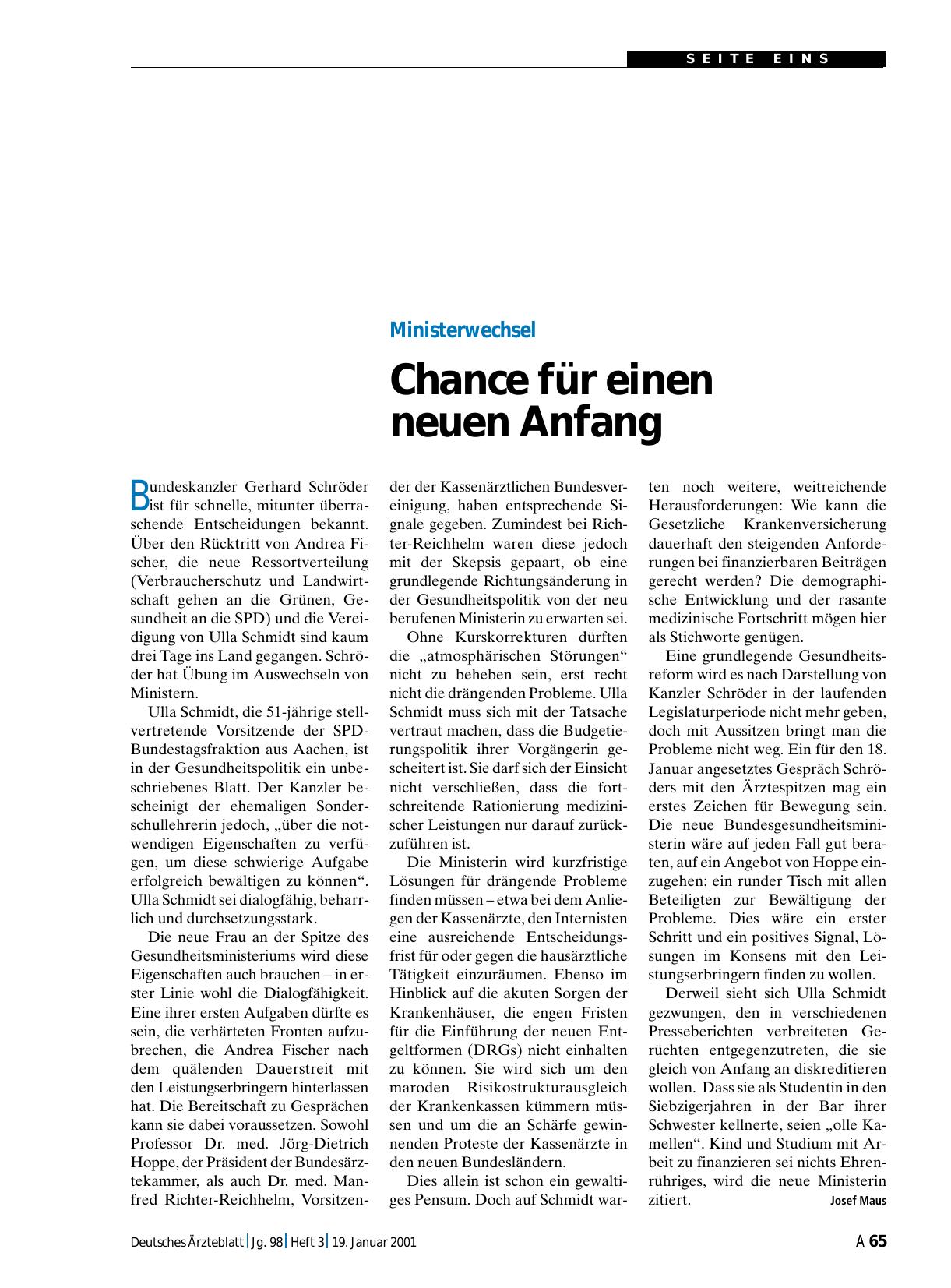 Vorschauseite 1: Ministerwechsel: Chance für einen neuen Anfang