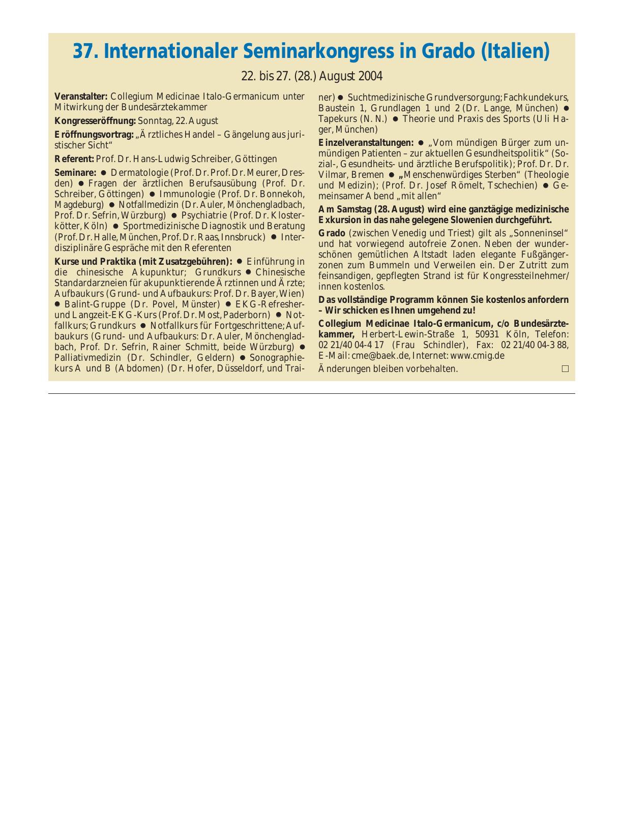 Vorschauseite 1: 37. Internationaler Seminarkongress in Grado (Italien): 22. bis 27. (28. ) August 2004