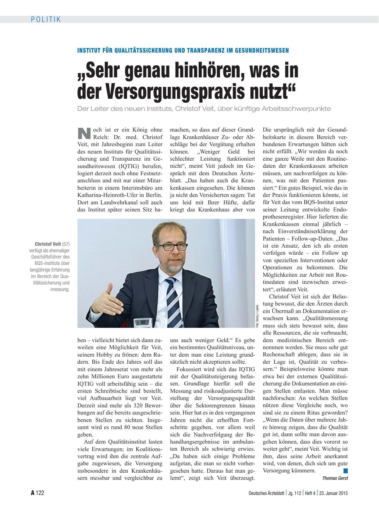 Vorschauseite 1: Institut für Qualitätssicherung und Transparenz im Gesundheitswesen: „Sehr genau hinhören, was in der Versorgungspraxis nutzt“