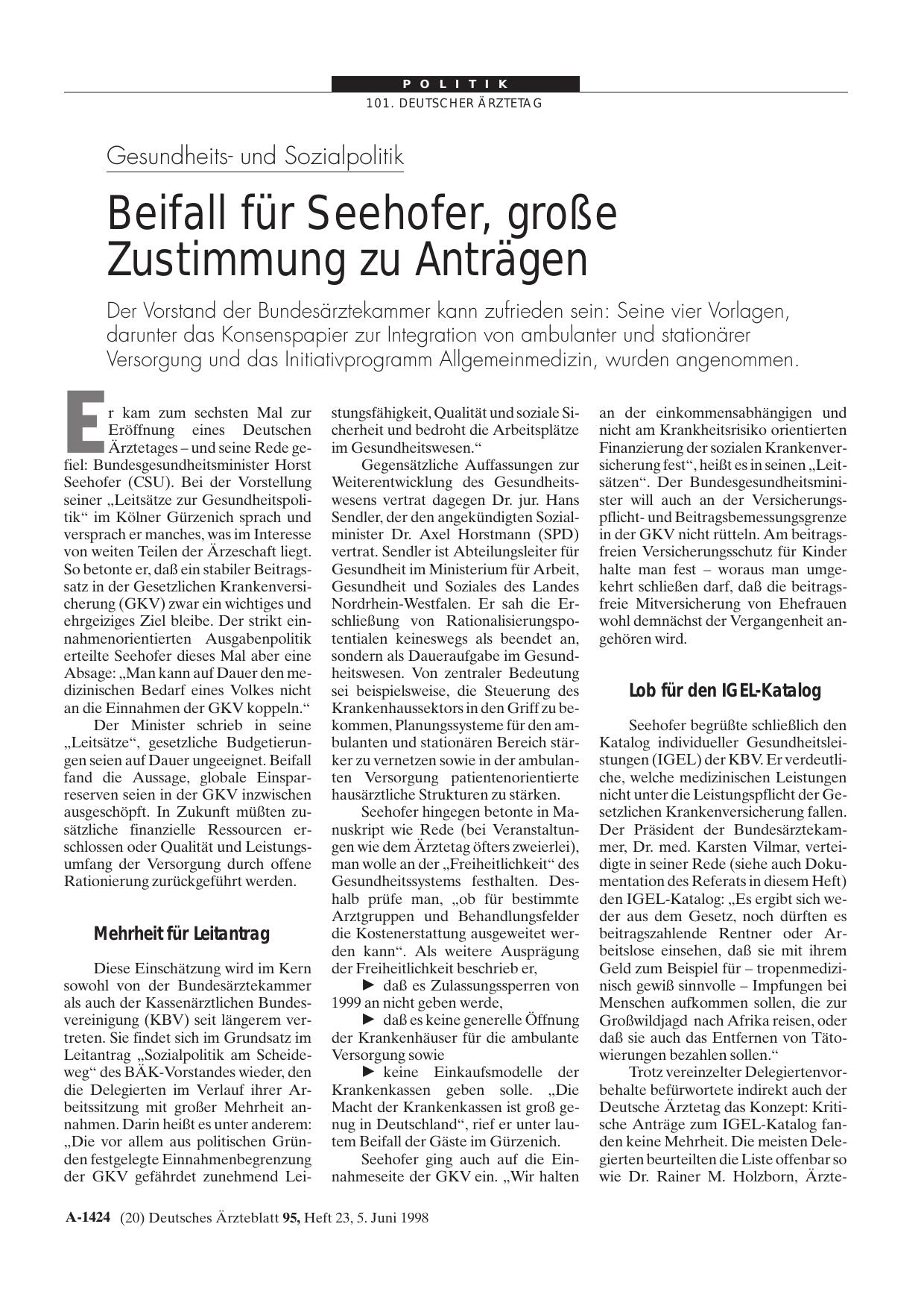 Vorschauseite 1: Gesundheitsund Sozialpolitik: Beifall für Seehofer, große Zustimmung zu Anträgen