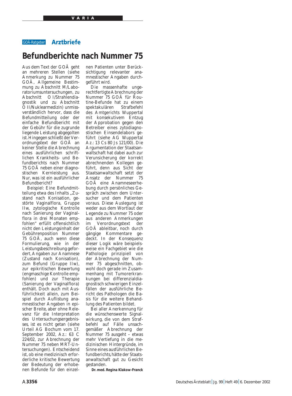 Vorschauseite 1: Arztbriefe: Befundberichte nach Nummer 75