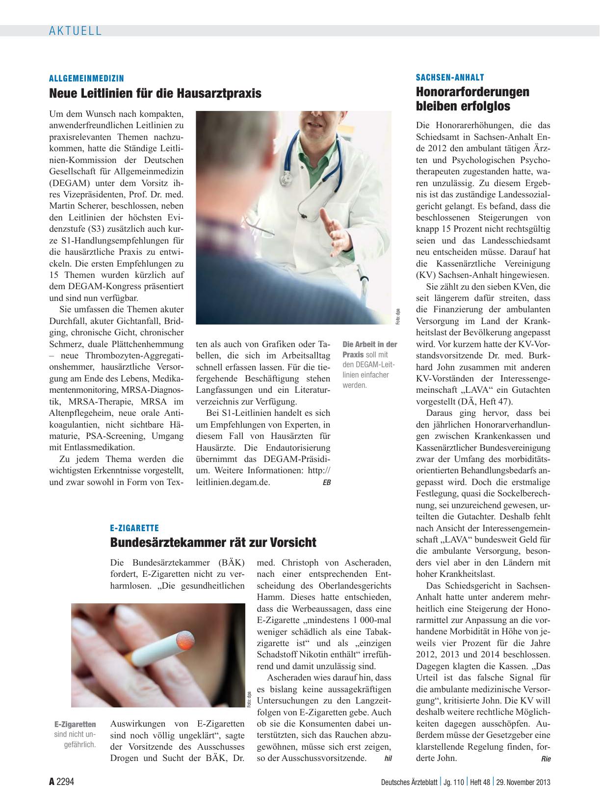 Vorschauseite 1: E-Zigarette: Bundesärztekammer rät zur Vorsicht