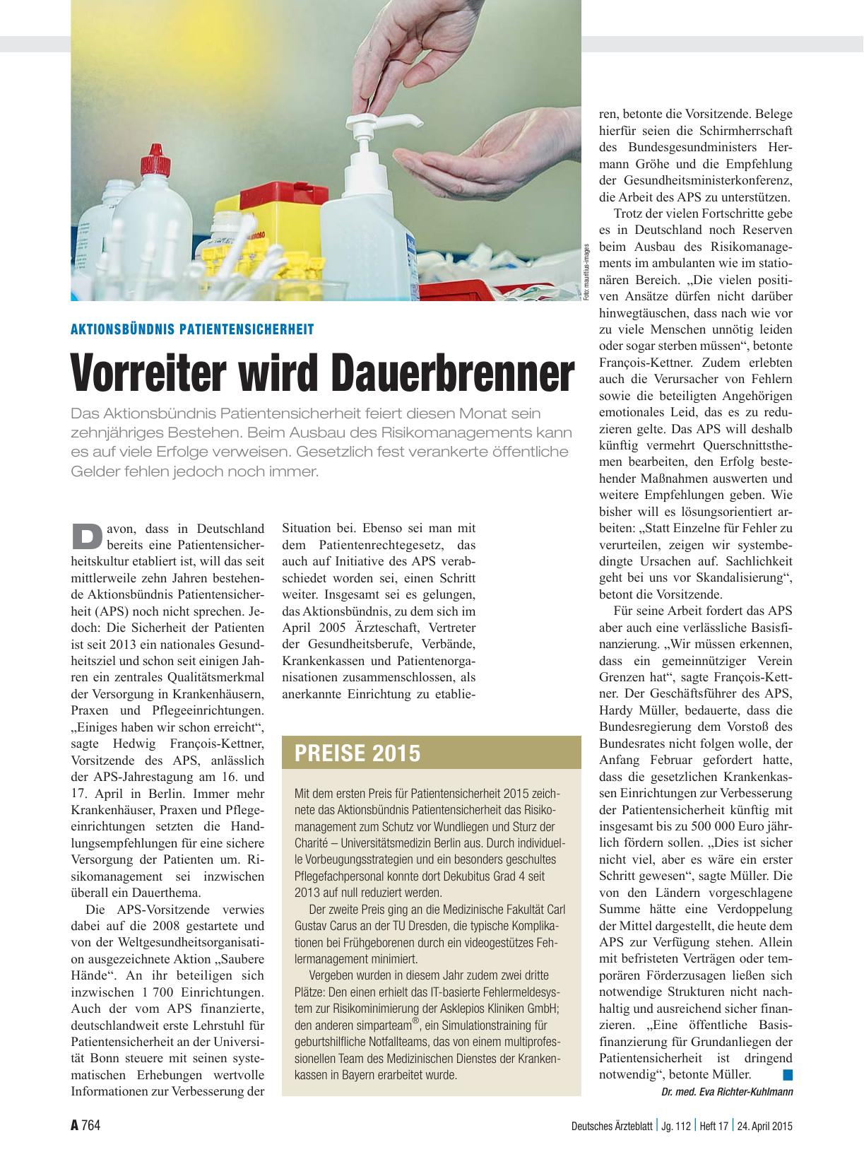 Vorschauseite 1: Aktionsbündnis Patientensicherheit: Vorreiter wird Dauerbrenner