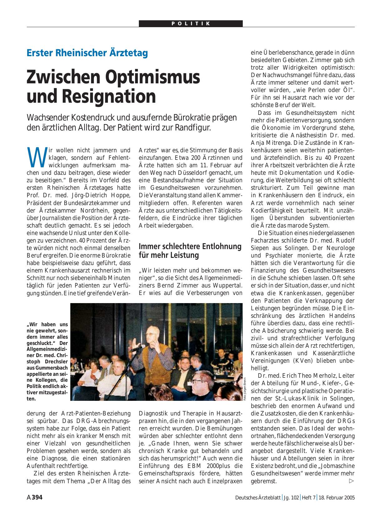Vorschauseite 1: Erster Rheinischer Ärztetag: Zwischen Optimismus und Resignation