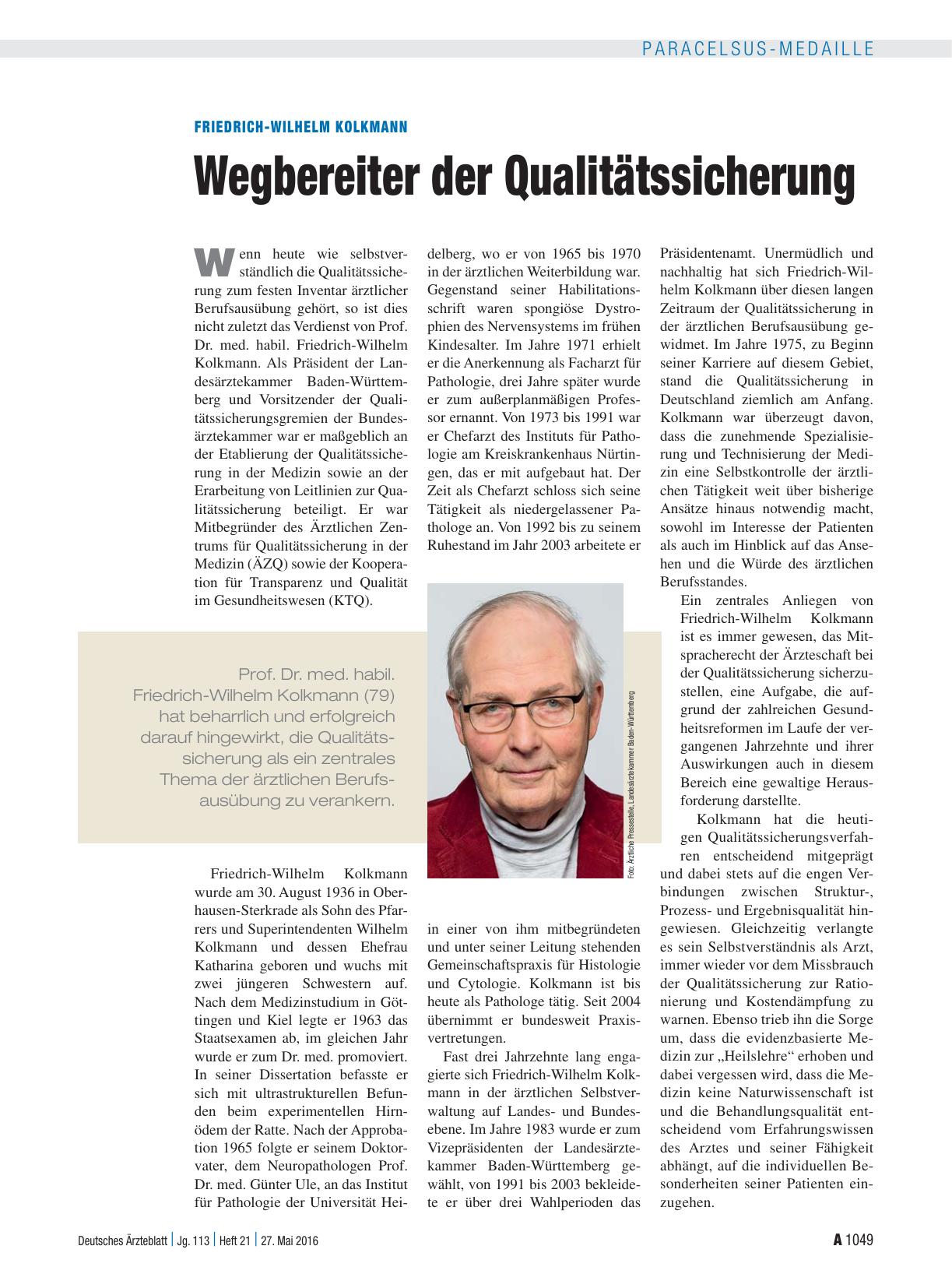 Vorschauseite 1: Friedrich-Wilhelm Kolkmann: Wegbereiter der Qualitätssicherung