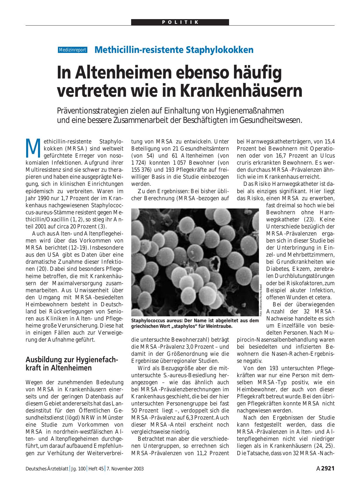 Vorschauseite 1: Methicillin-resistente Staphylokokken: In Altenheimen ebenso häufig vertreten wie in Krankenhäusern