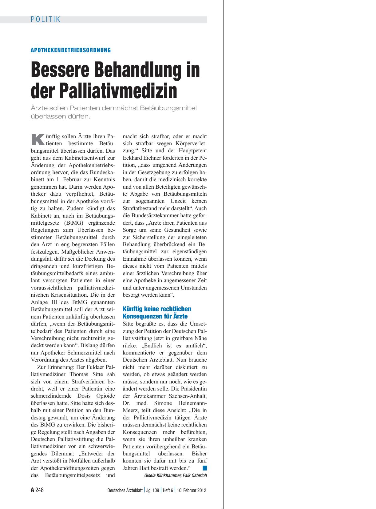 Vorschauseite 1: Apothekenbetriebsordnung: Bessere Behandlung in der Palliativmedizin