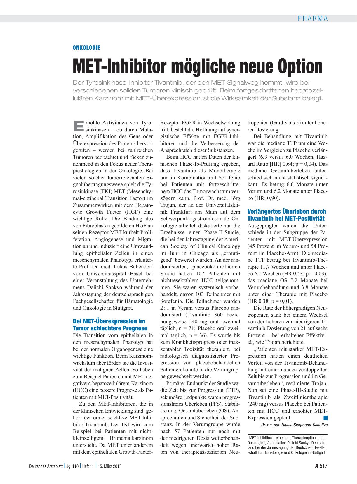 Vorschauseite 1: Onkologie: MET-Inhibitor mögliche neue Option